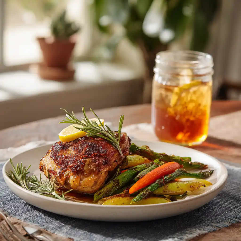 Roasted chicken and veggies plated with southern flair