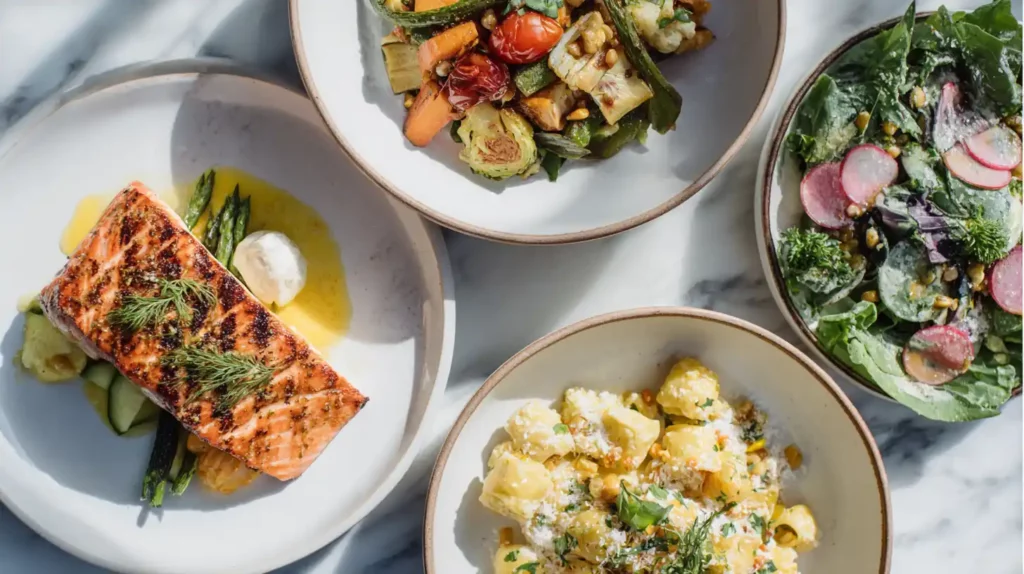 Overhead view of beautifully plated dishes including grilled salmon, roasted vegetables, salad, and pasta on a marble background with bright natural light.
