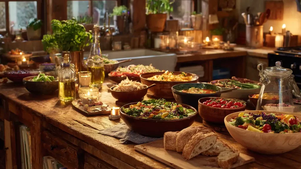Warm rustic kitchen counter filled with colorful family-style dishes, fresh vegetables, herbs, and bread under soft golden lighting.