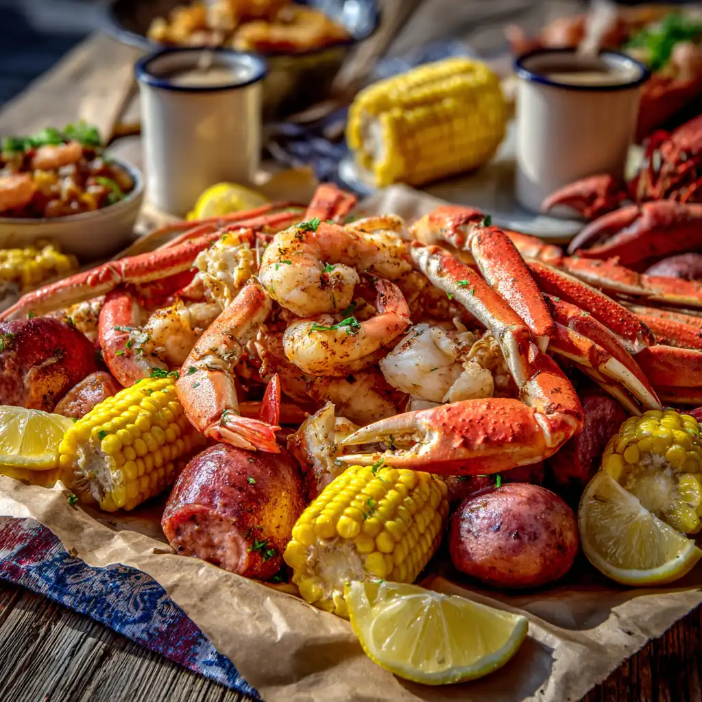 Cajun seafood boil spread with shrimp, corn, and crab