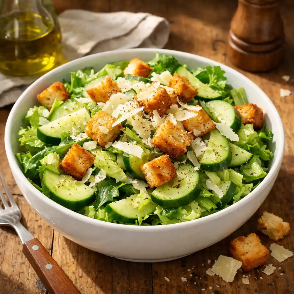 cucumber Caesar salad with croutons and Parmesan