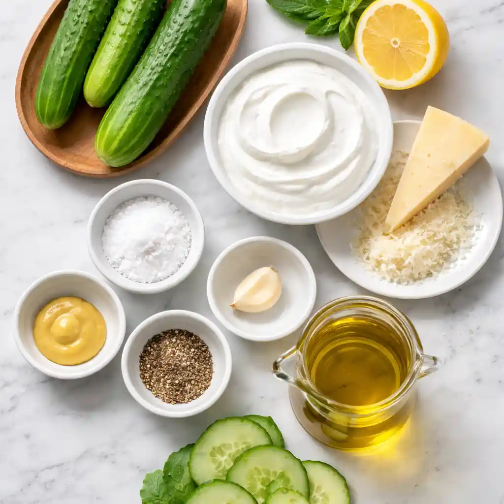 ingredients for cucumber Caesar salad on counter