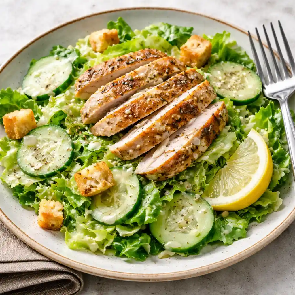 Fresh cucumber Caesar salad served in a bowl with crisp cucumber slices, romaine lettuce, creamy Caesar dressing, grated Parmesan, and crunchy croutons.
