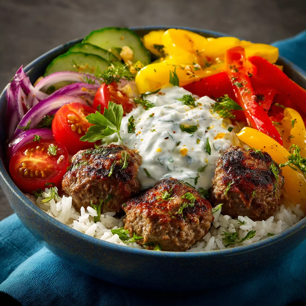 Greek Meatball Bowl with Tzatziki, Rice & Fresh Veggies