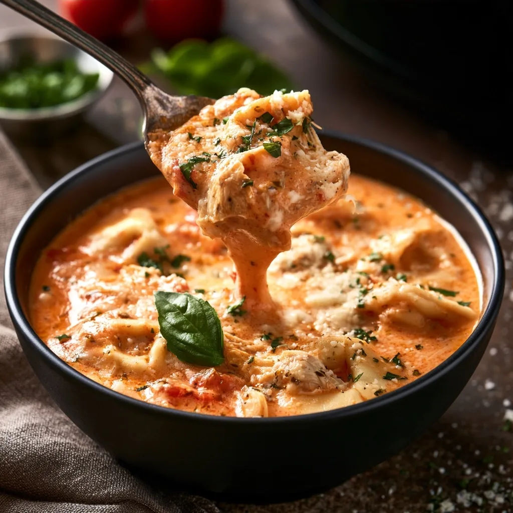 Easy Creamy Crock Pot Chicken Parmesan Soup with Tortellini